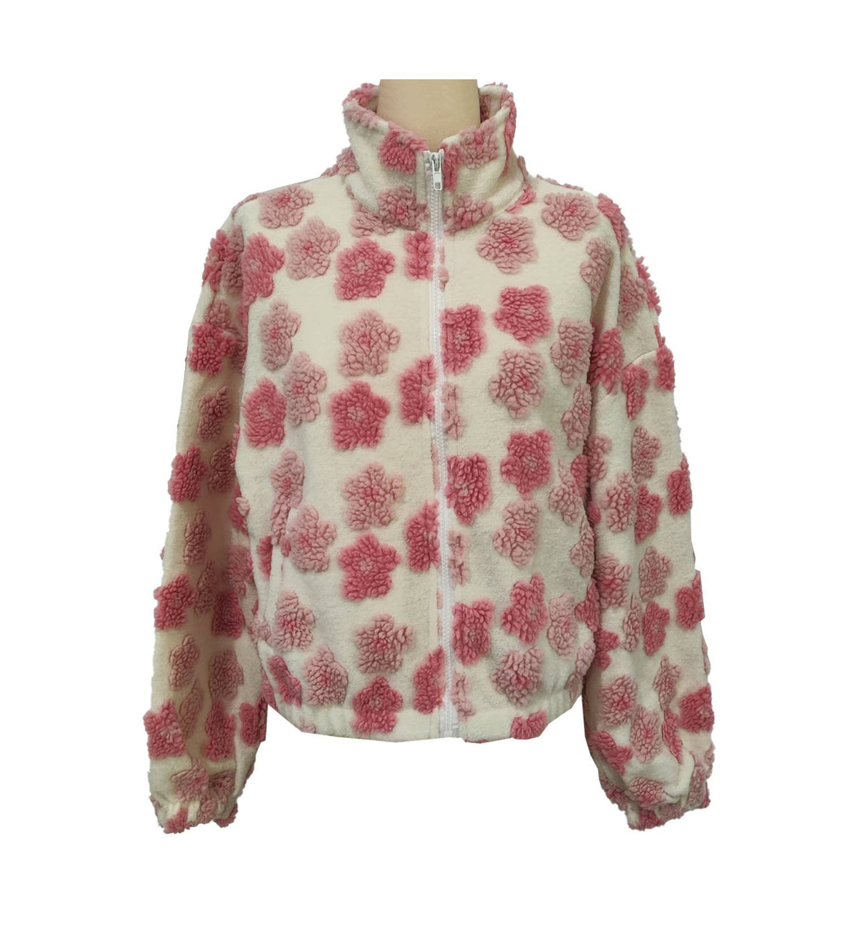 Floral Textured Fleece Zip Up Jacket