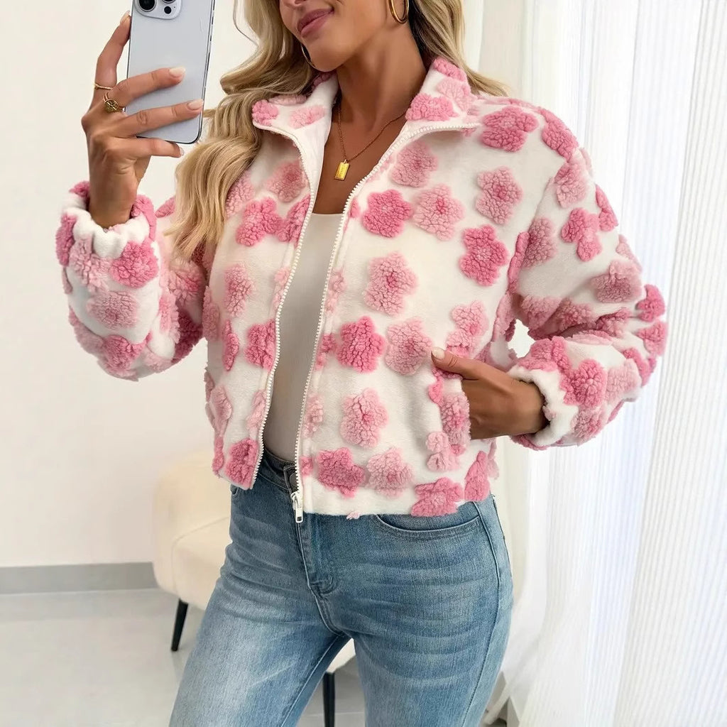 Floral Textured Fleece Zip Up Jacket - view 3