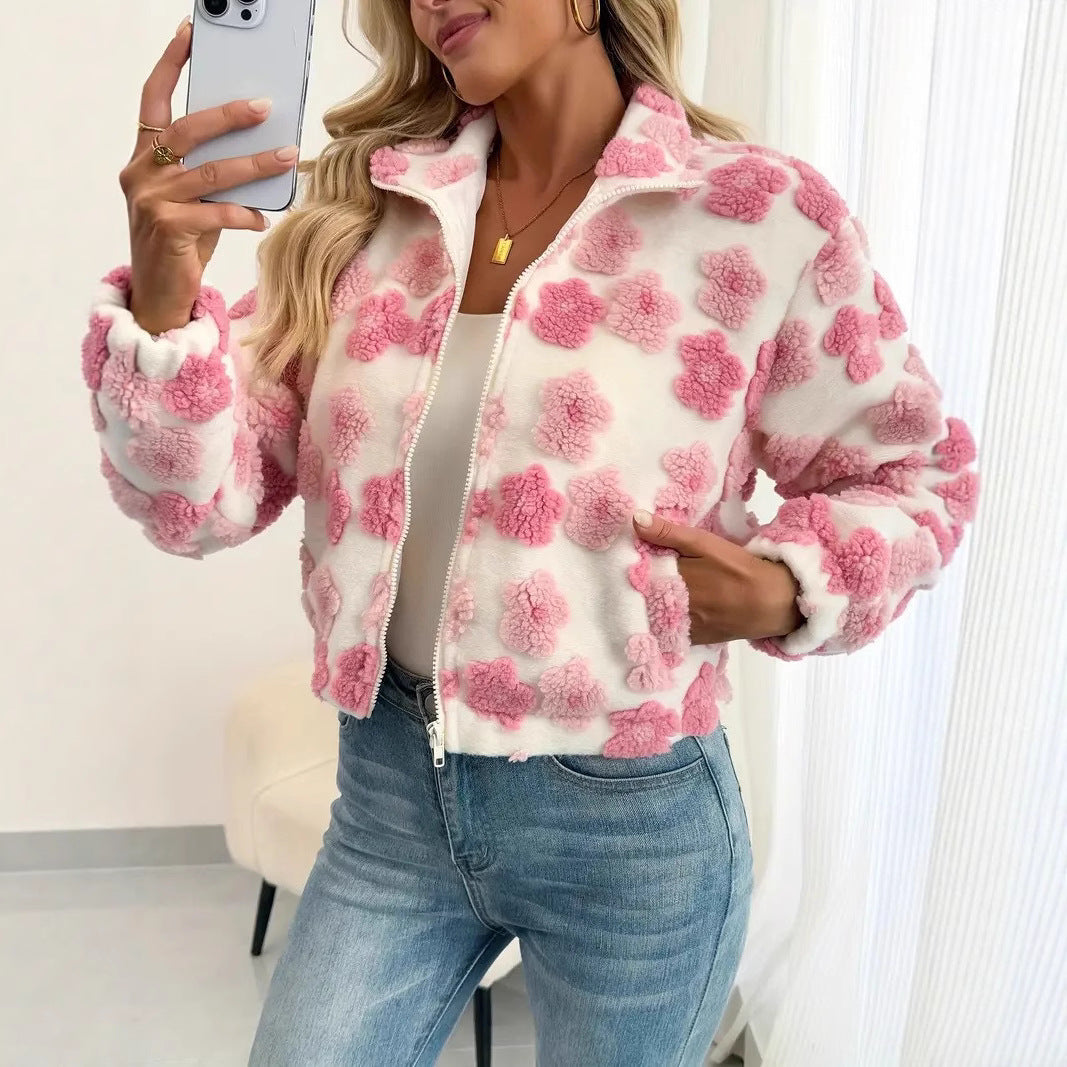 Floral Textured Fleece Zip Up Jacket - view 3
