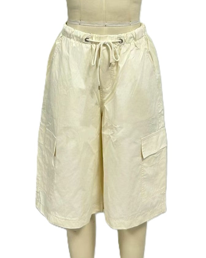 Cargo Bermuda Shorts with Drawstring Wide-Leg Fit - White - 2