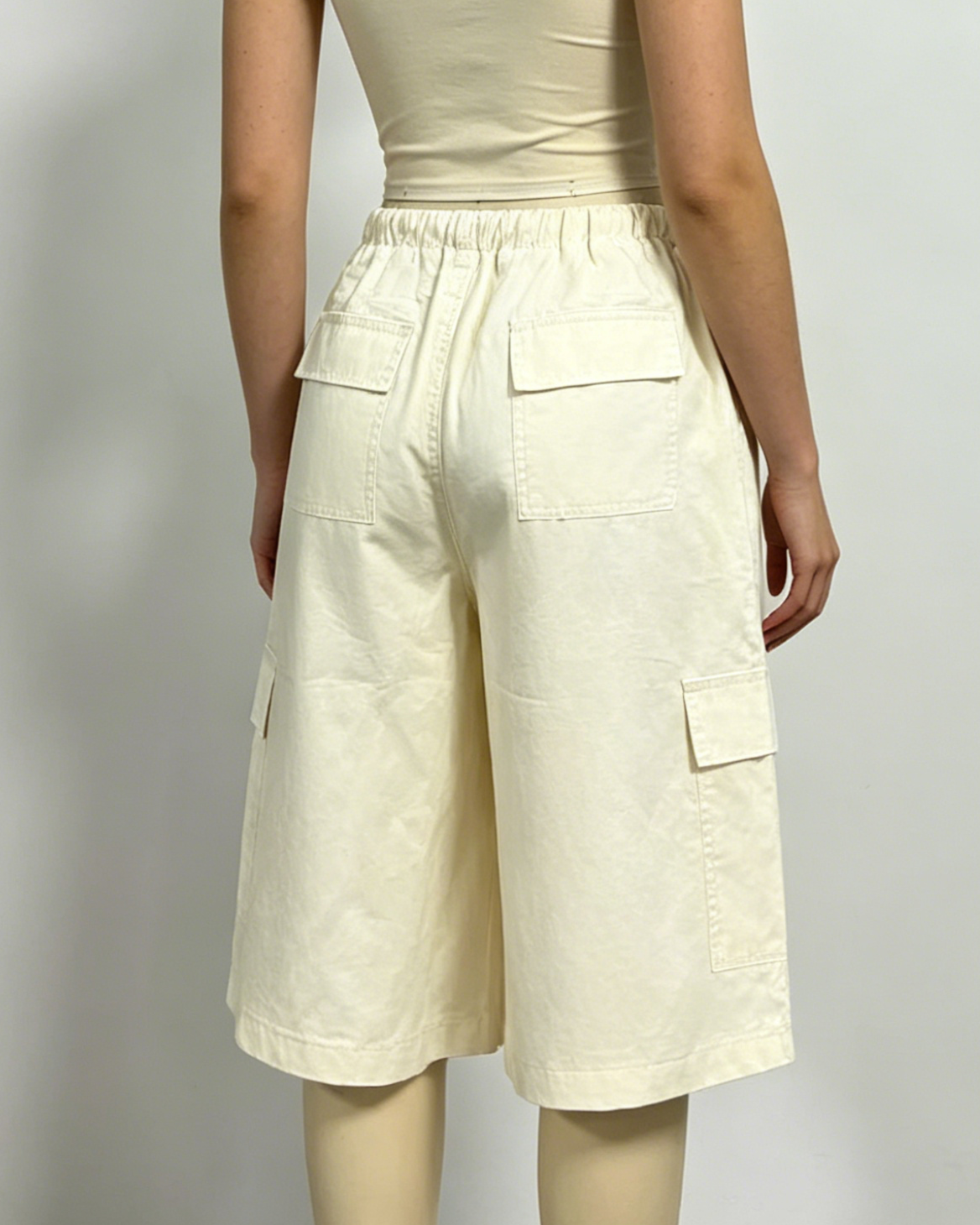 Cargo Bermuda Shorts with Drawstring Wide-Leg Fit - White
