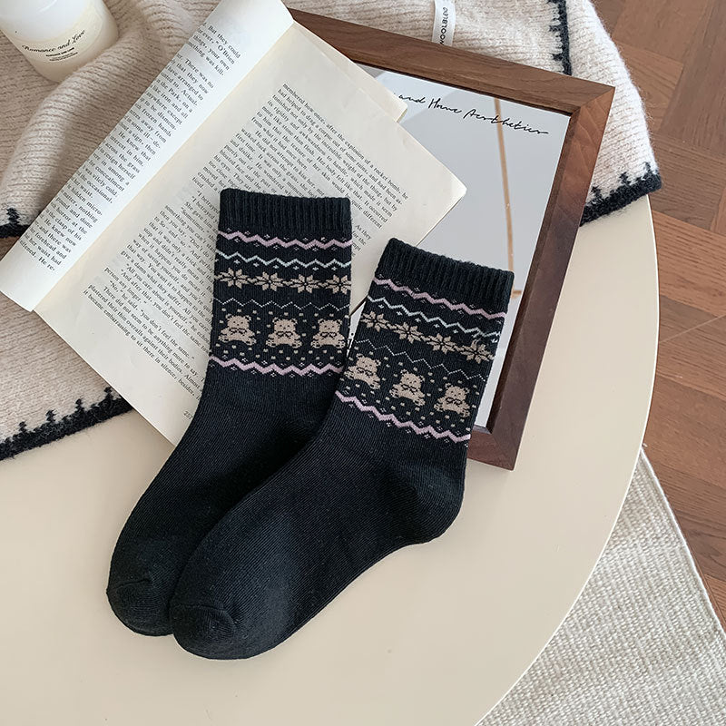 Vintage Bear Jacquard Ribbed Crew Socks - Black