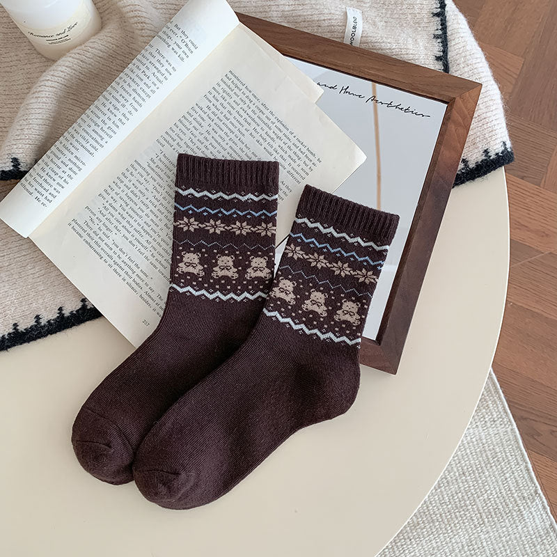 Vintage Bear Jacquard Ribbed Crew Socks - Coffee - 1