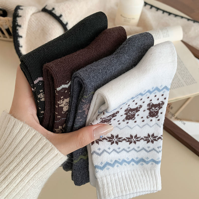 Vintage Bear Jacquard Ribbed Crew Socks - Coffee - 2