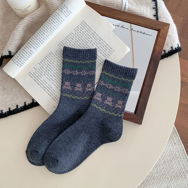 Vintage Bear Jacquard Ribbed Crew Socks - Grey