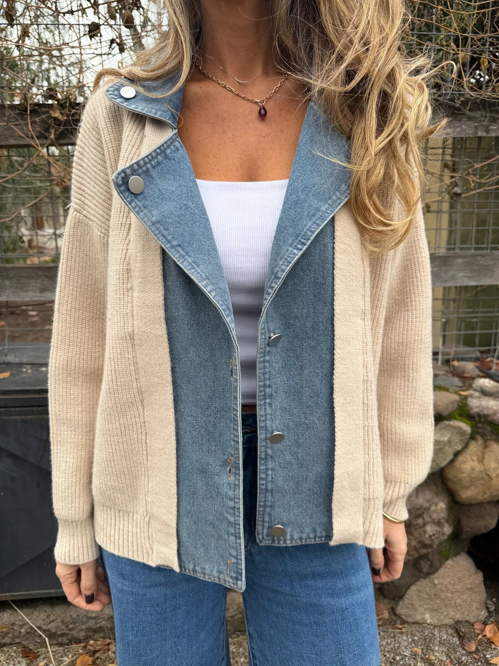 Denim Panel Knit Shirt Jacket - Apricot