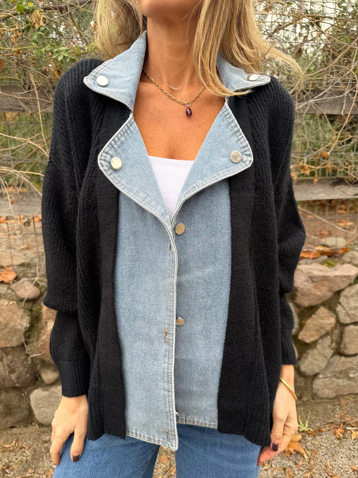 Denim Panel Knit Shirt Jacket - Black