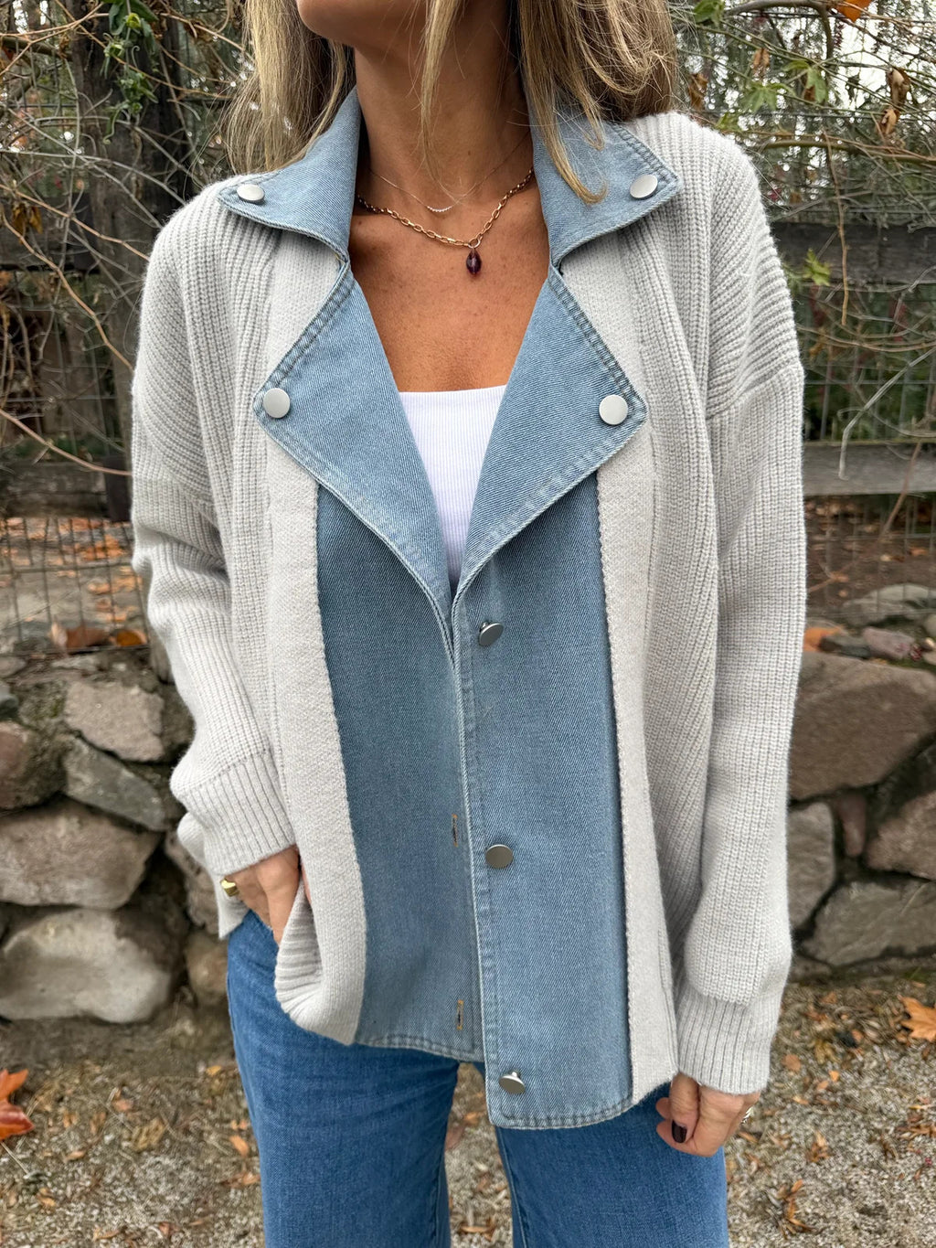 Denim Panel Knit Shirt Jacket - Gray