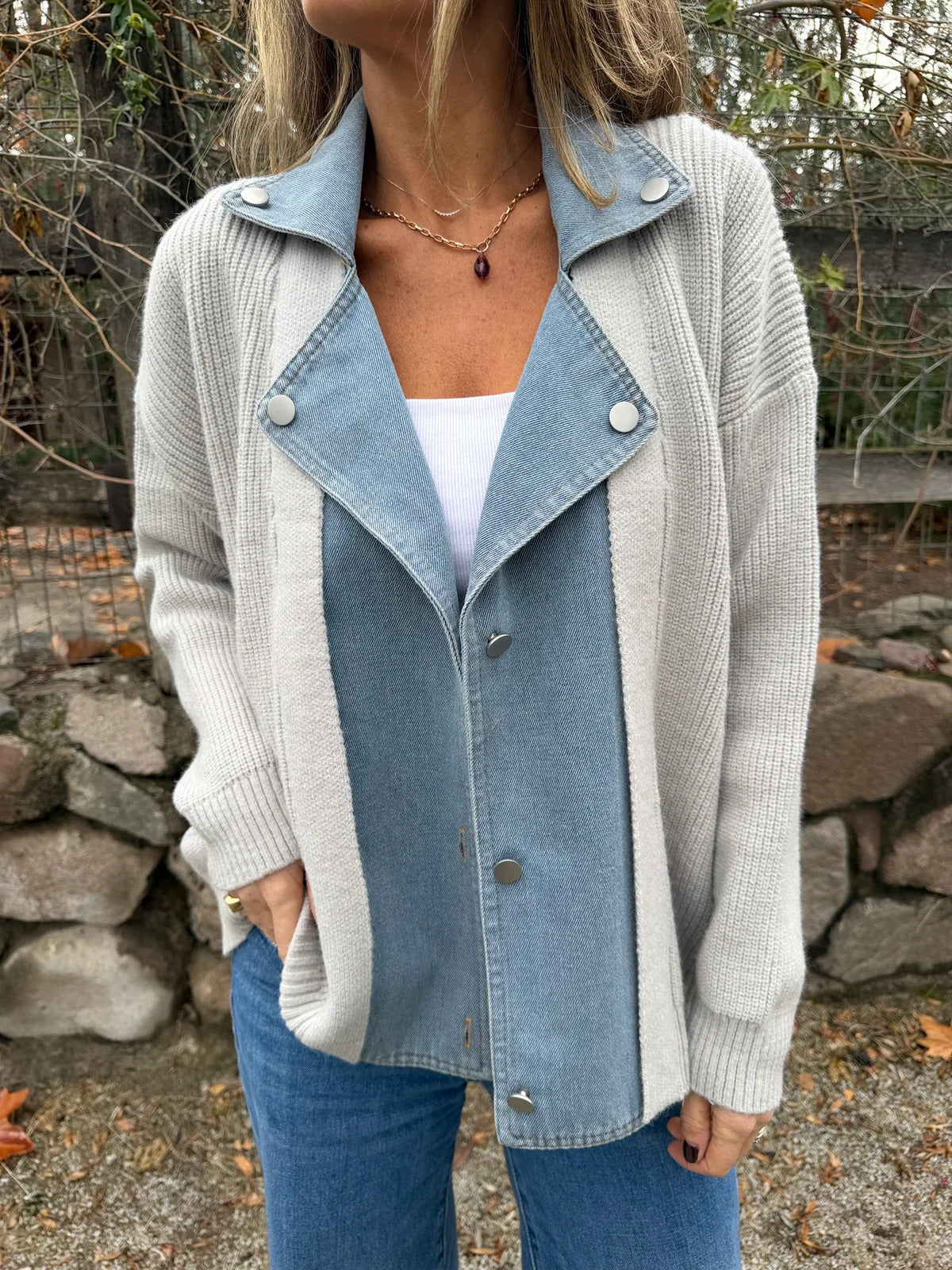 Denim Panel Knit Shirt Jacket - Gray