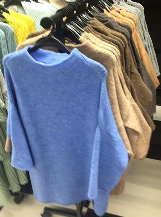 Oversized Mock Neck Drop Sleeve Knit Sweater - Blue