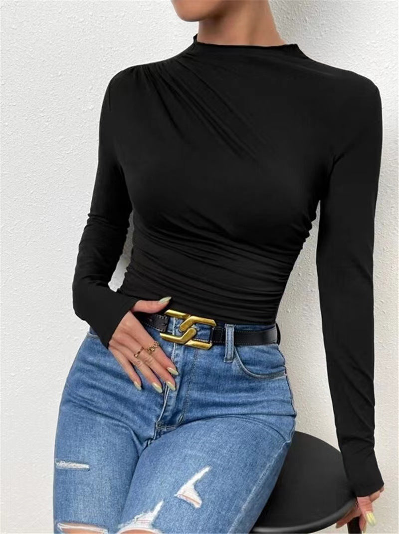 Asymmetric Ruched Shoulder Mock Neck Top - Black - 1