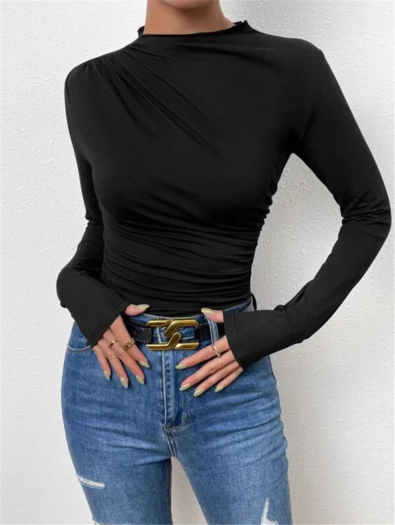 Asymmetric Ruched Shoulder Mock Neck Top - Black - 2