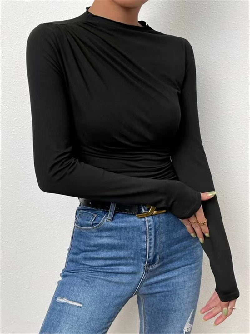 Asymmetric Ruched Shoulder Mock Neck Top - Black - 3