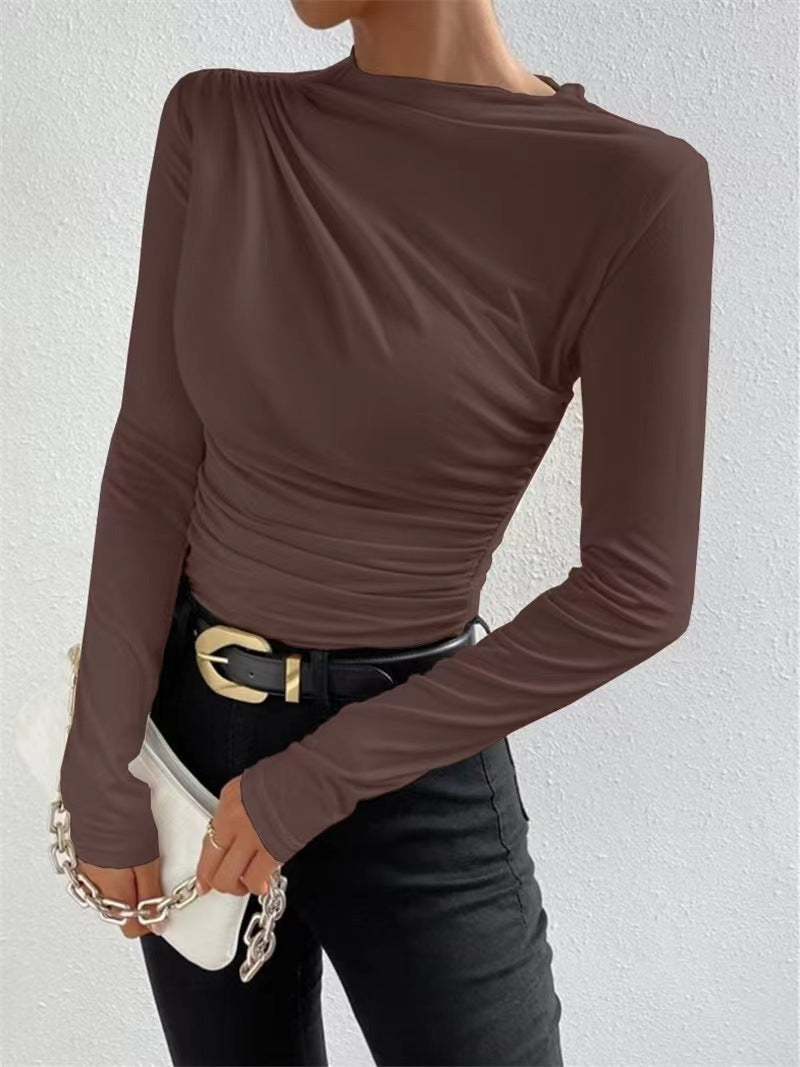 Asymmetric Ruched Shoulder Mock Neck Top - Brown