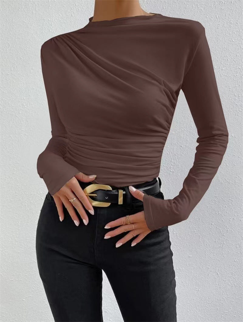 Asymmetric Ruched Shoulder Mock Neck Top - Brown - 1