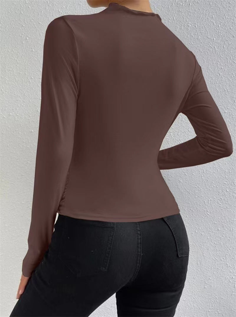 Asymmetric Ruched Shoulder Mock Neck Top - Brown - 2