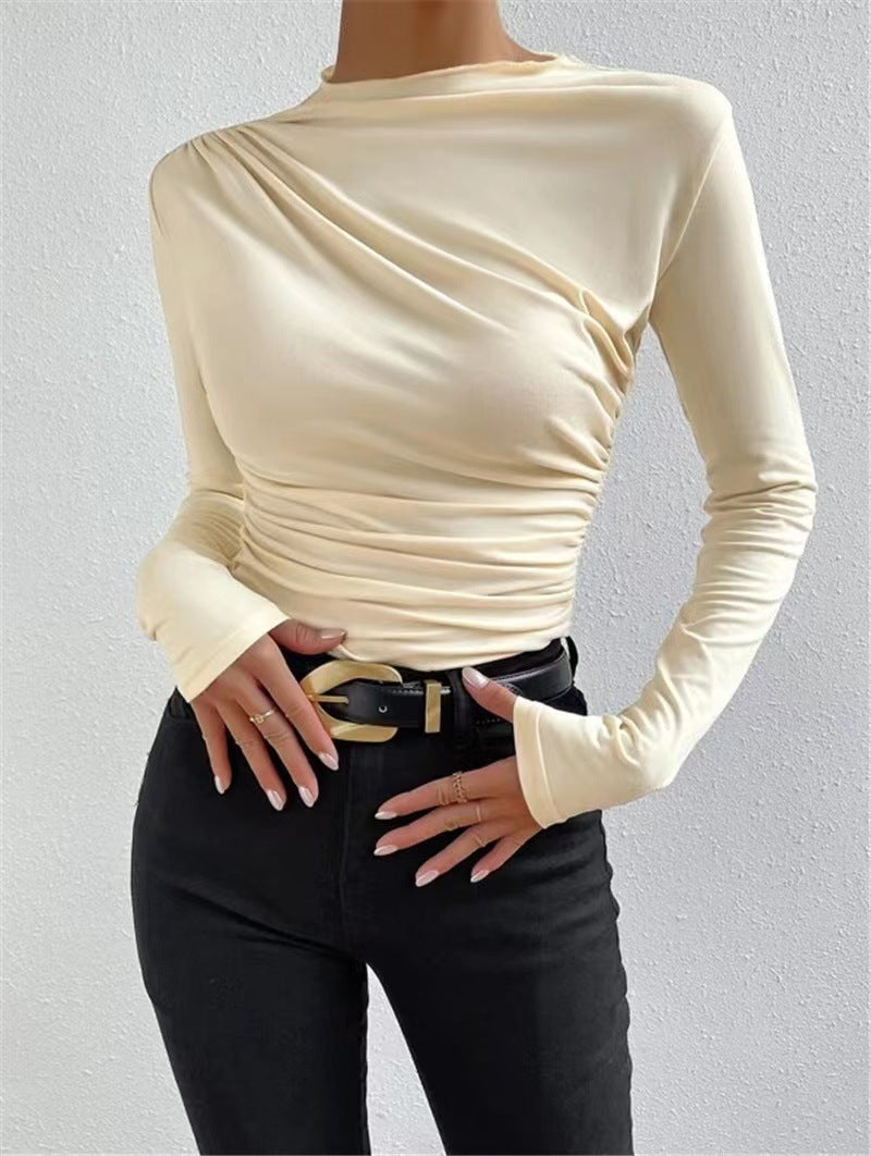 Asymmetric Ruched Shoulder Mock Neck Top - Cream