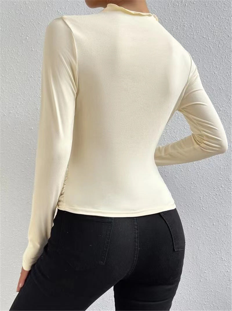 Asymmetric Ruched Shoulder Mock Neck Top - Cream - 1