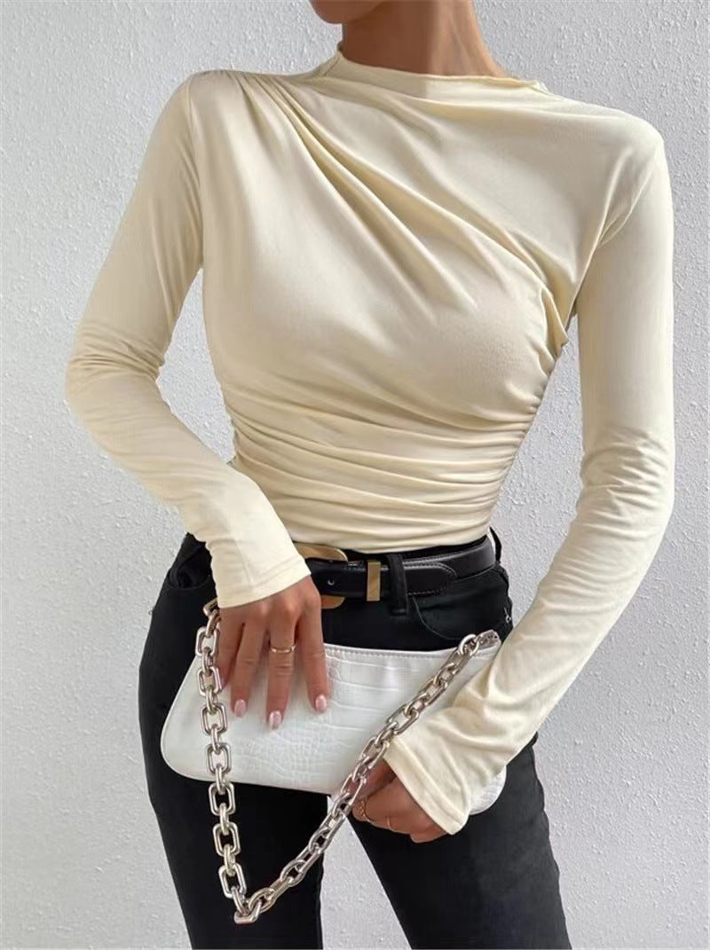 Asymmetric Ruched Shoulder Mock Neck Top - Cream - 10