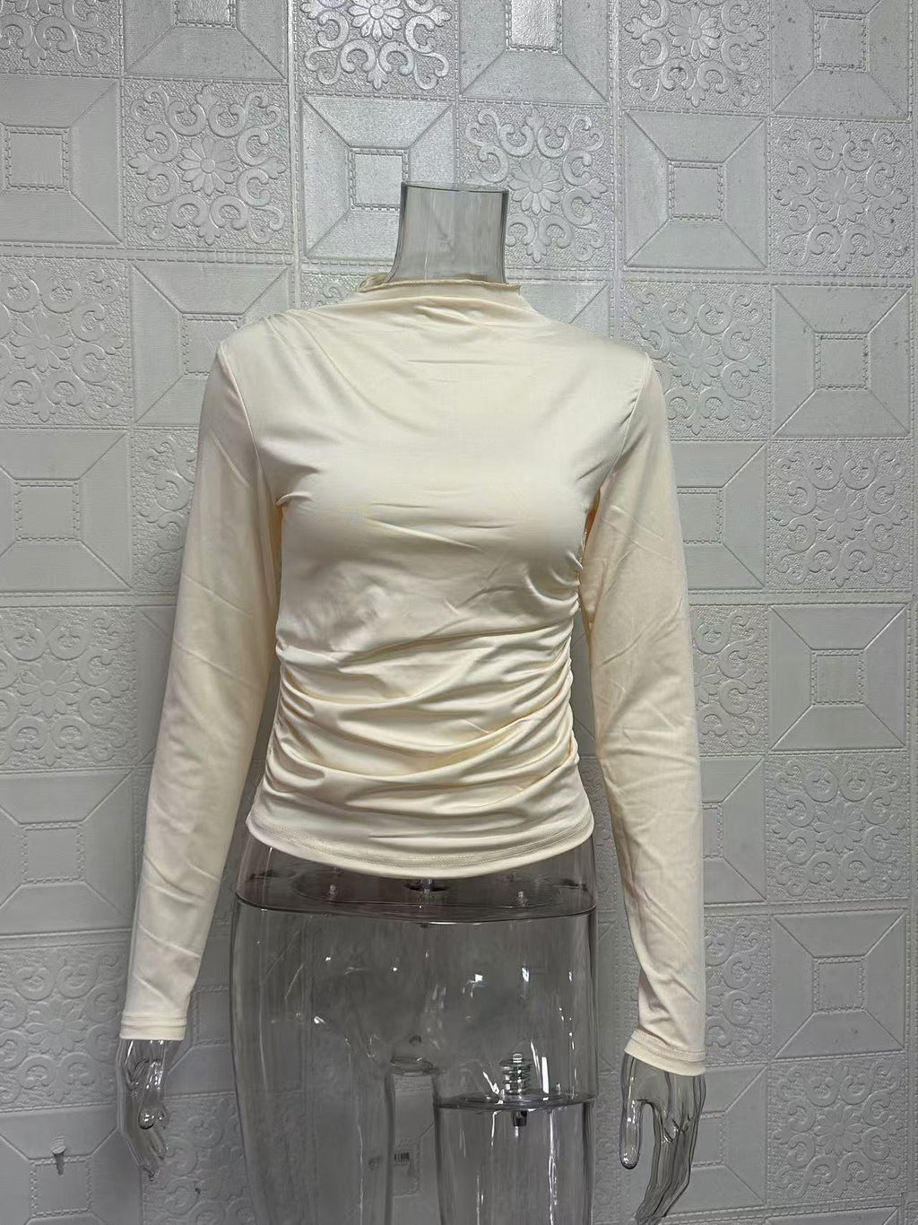 Asymmetric Ruched Shoulder Mock Neck Top - Cream - 3