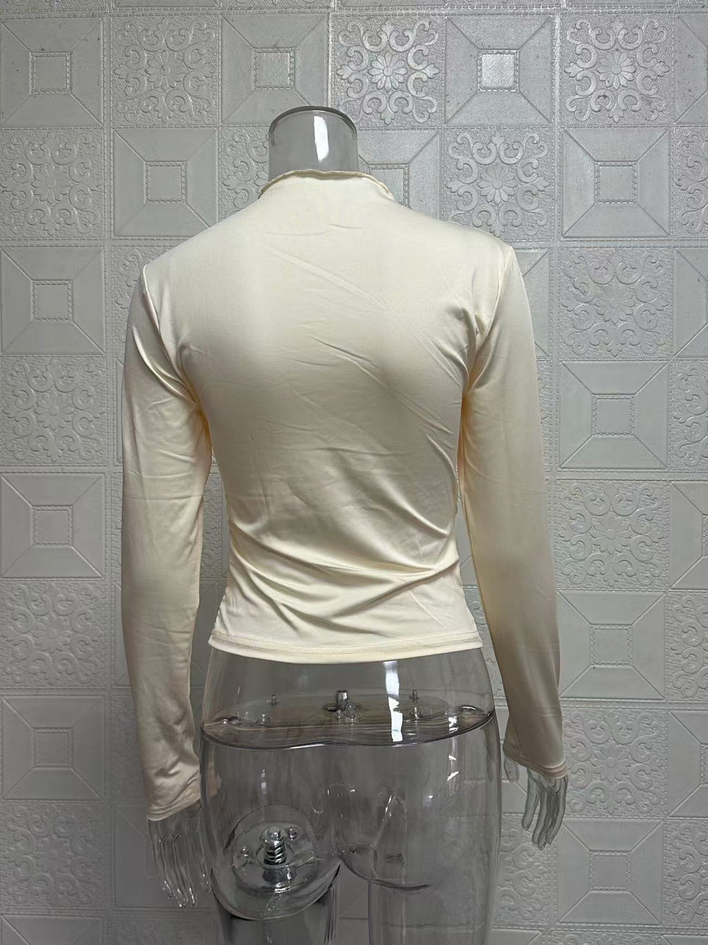 Asymmetric Ruched Shoulder Mock Neck Top - Cream - 4