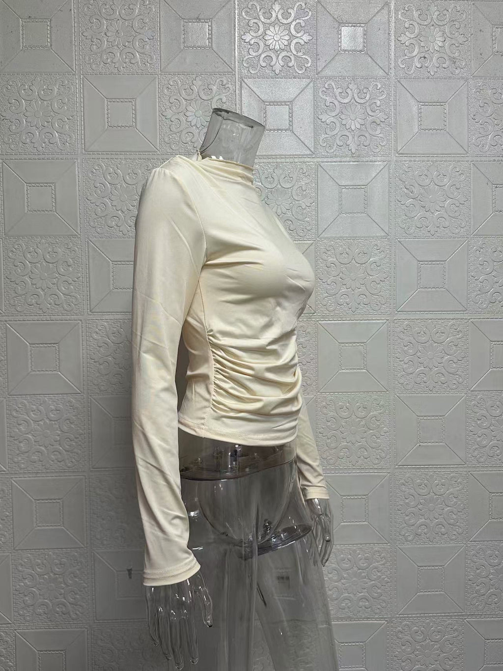 Asymmetric Ruched Shoulder Mock Neck Top - Cream - 6