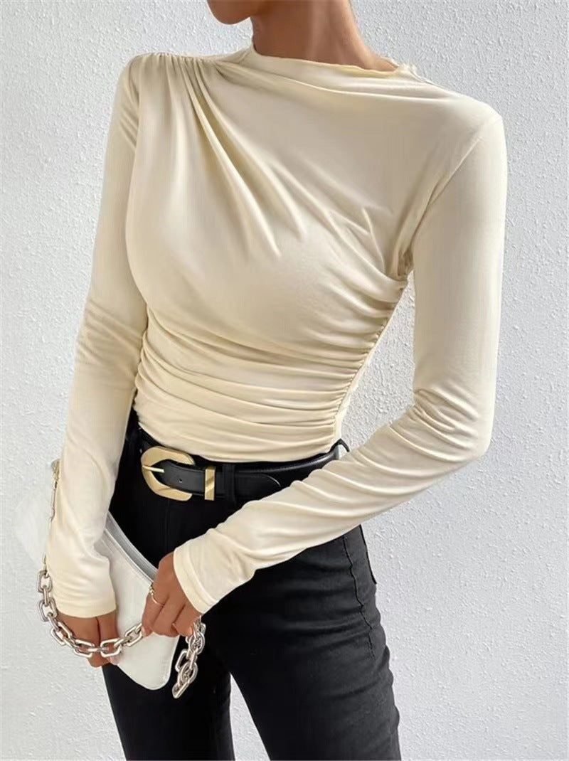 Asymmetric Ruched Shoulder Mock Neck Top - Cream - 8