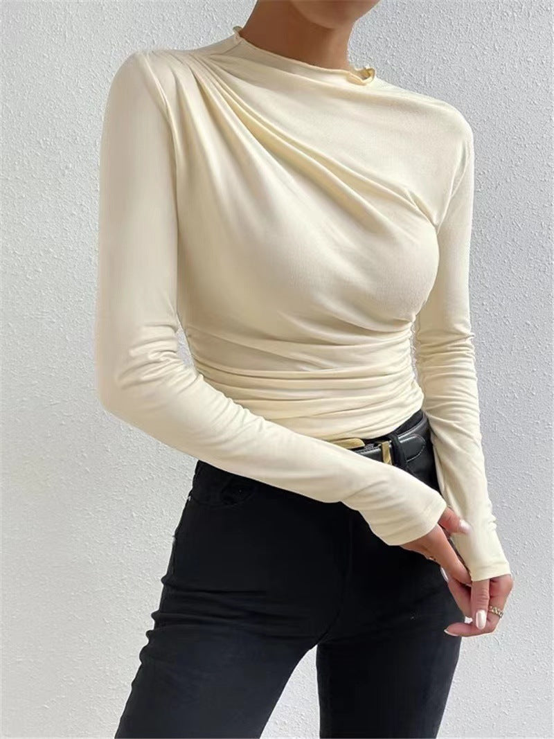 Asymmetric Ruched Shoulder Mock Neck Top - Cream - 9