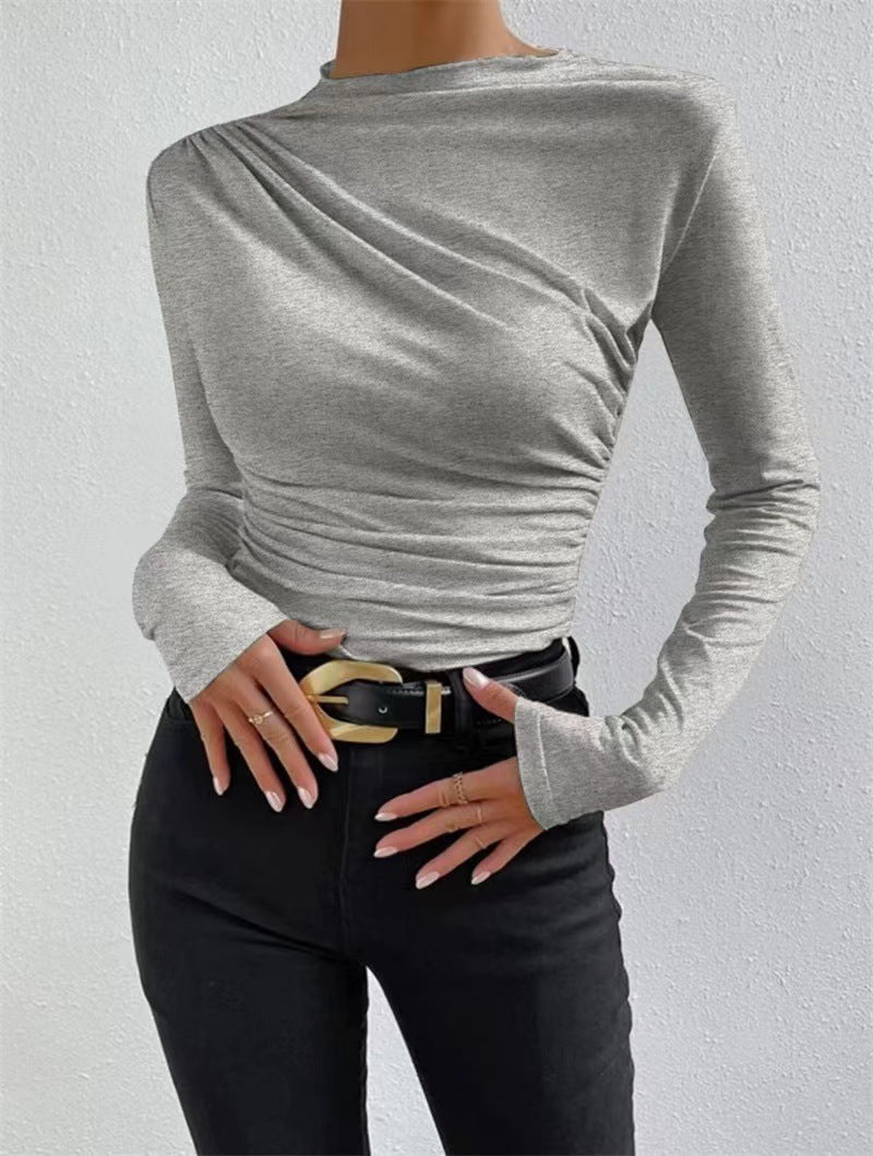 Asymmetric Ruched Shoulder Mock Neck Top - Grey
