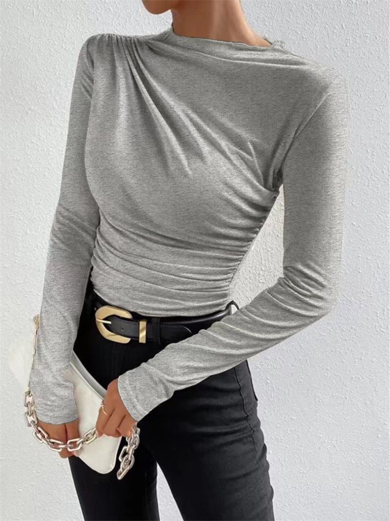 Asymmetric Ruched Shoulder Mock Neck Top - Grey - 1