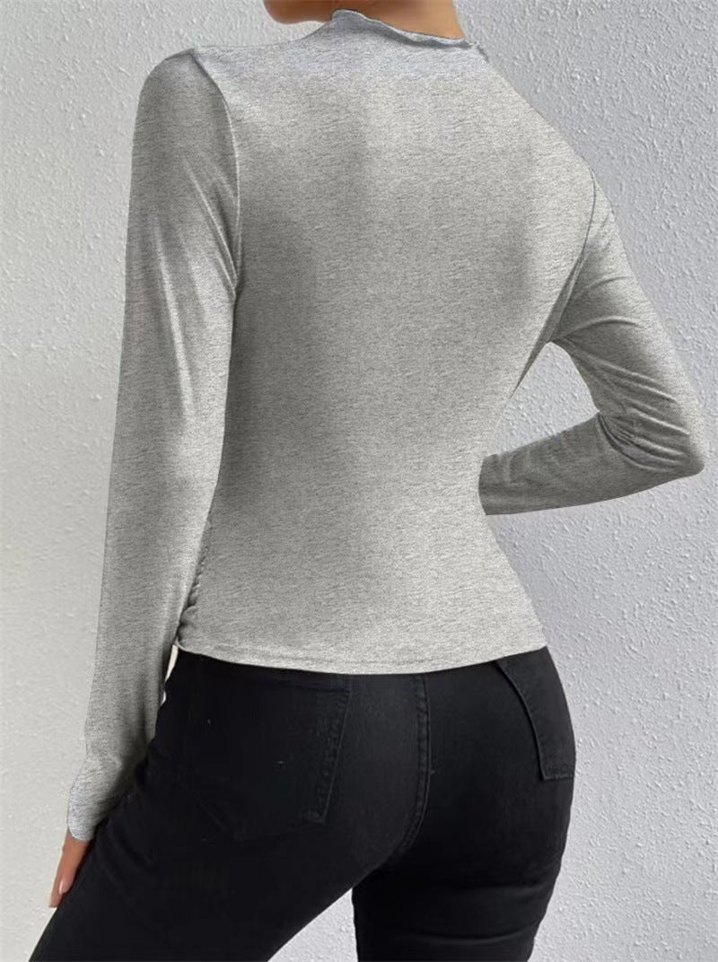 Asymmetric Ruched Shoulder Mock Neck Top - Grey - 2
