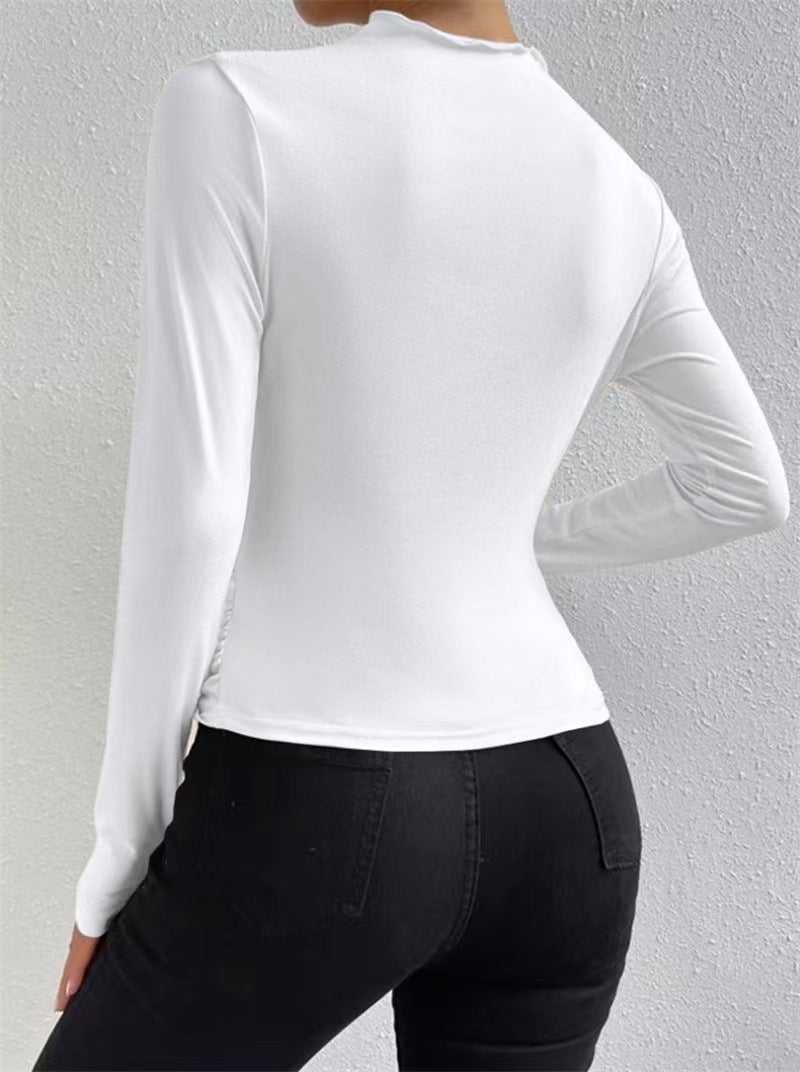 Asymmetric Ruched Shoulder Mock Neck Top - White - 2