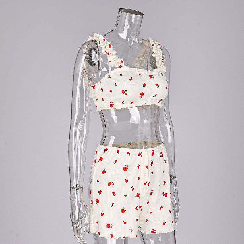 Ruffle Trim Rosebud Print Pajama Short Set - White - 1