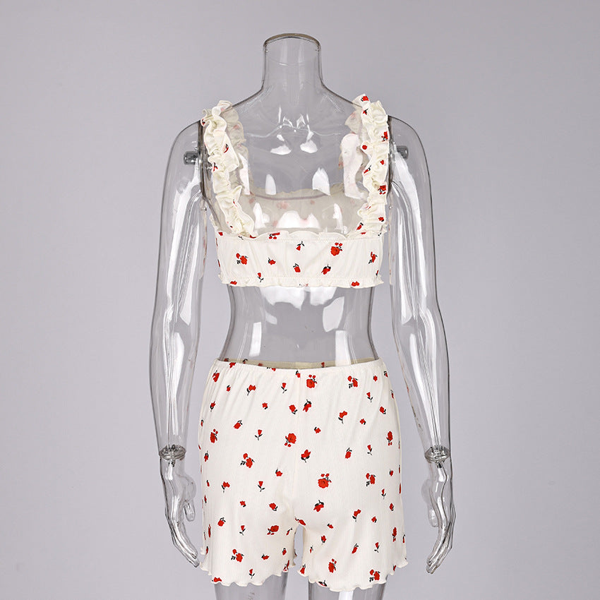 Ruffle Trim Rosebud Print Pajama Short Set - White - 2