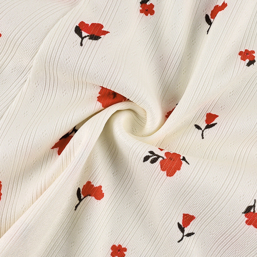 Ruffle Trim Rosebud Print Pajama Short Set - White - 3