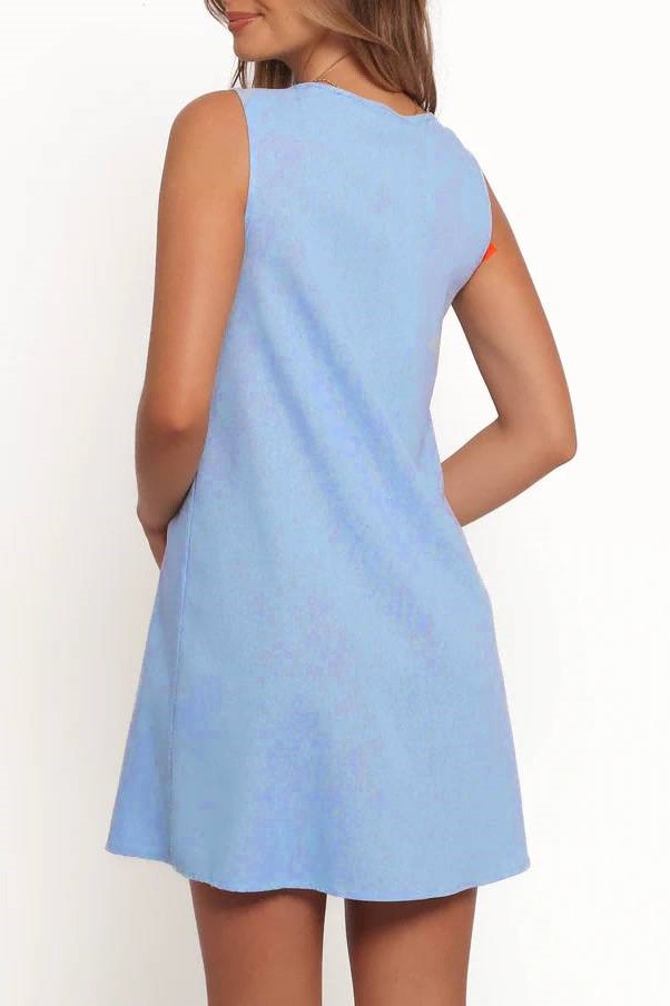Tie Front Pleated Sleeveless Shift Dress - blue - 5