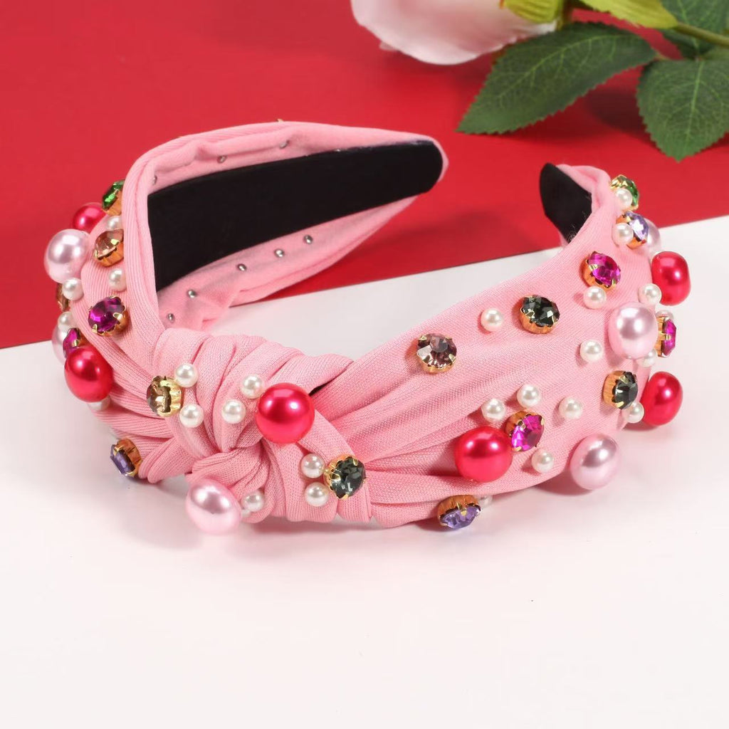 Mixed Pearl and Jewel Knot Headband - Pink