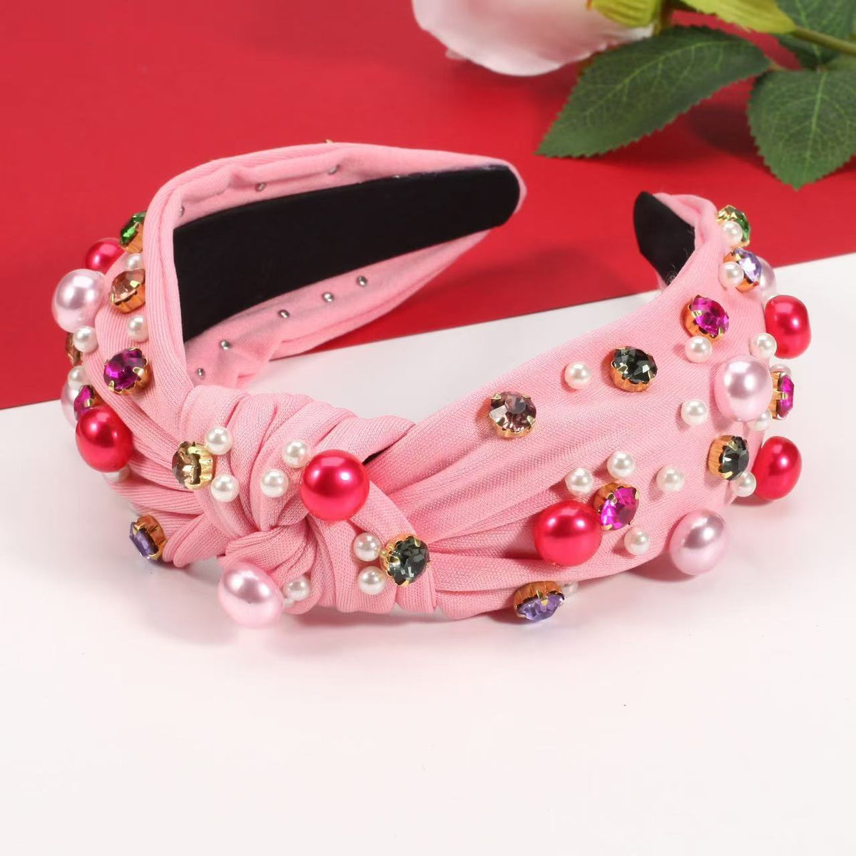 Mixed Pearl and Jewel Knot Headband - Pink
