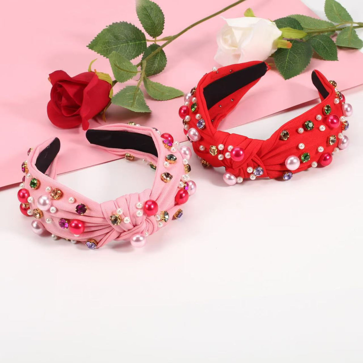 Mixed Pearl and Jewel Knot Headband - Pink - 2