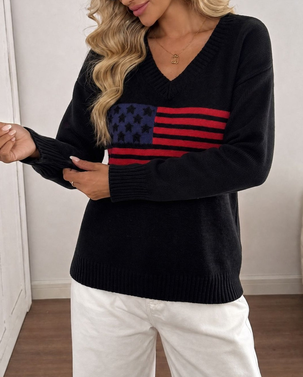 Stars and Stripes V-Neck Knit Sweater - Black