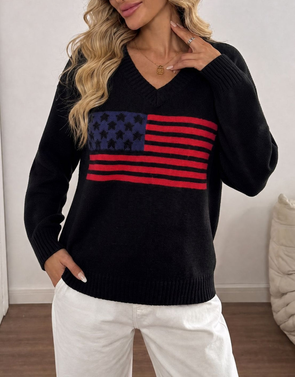 Stars and Stripes V-Neck Knit Sweater - Black - 1
