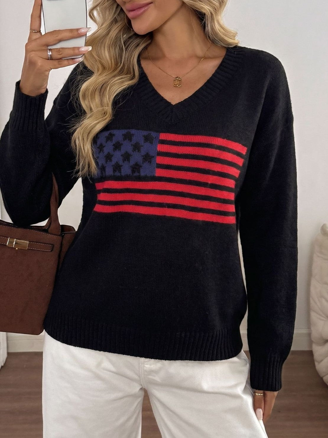 Stars and Stripes V-Neck Knit Sweater - Black - 2