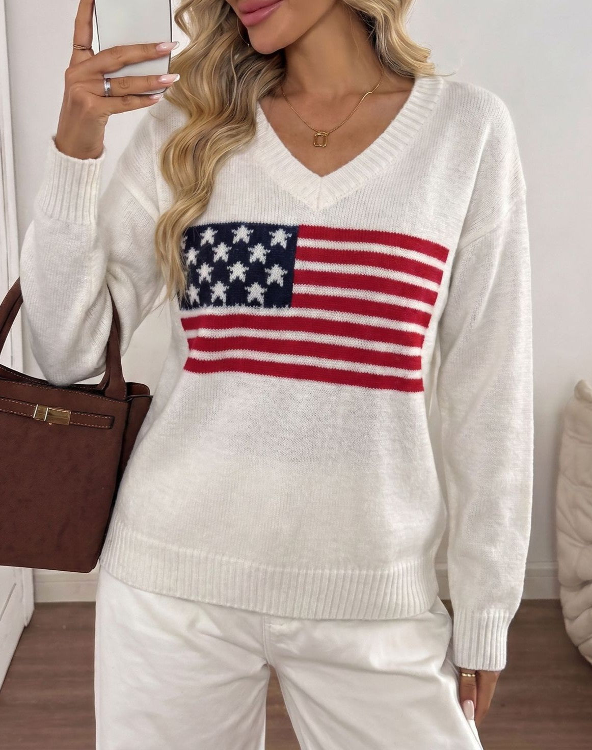 Stars and Stripes V-Neck Knit Sweater - White