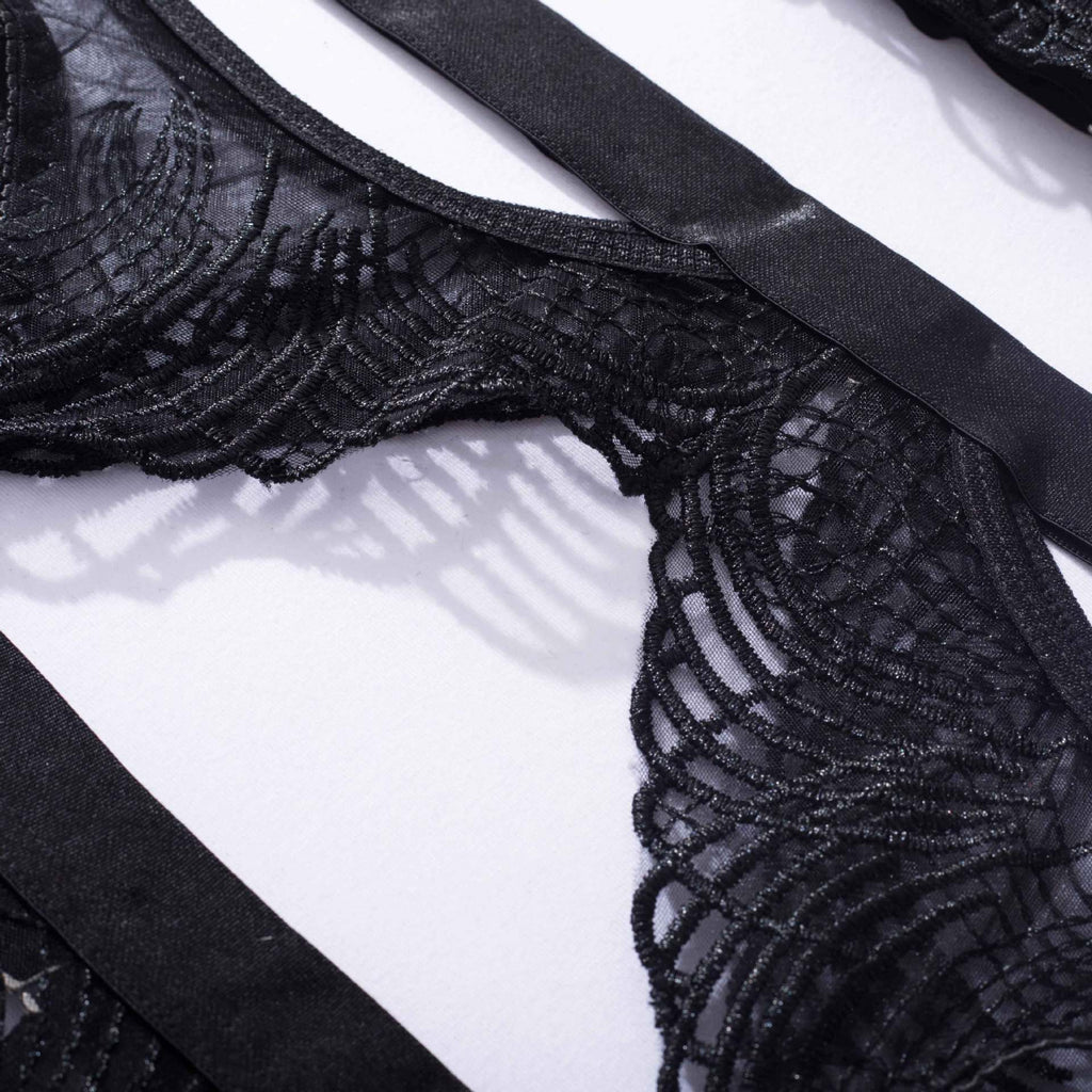 Sheer Lace Bra Thong Garter Set - Black - 10