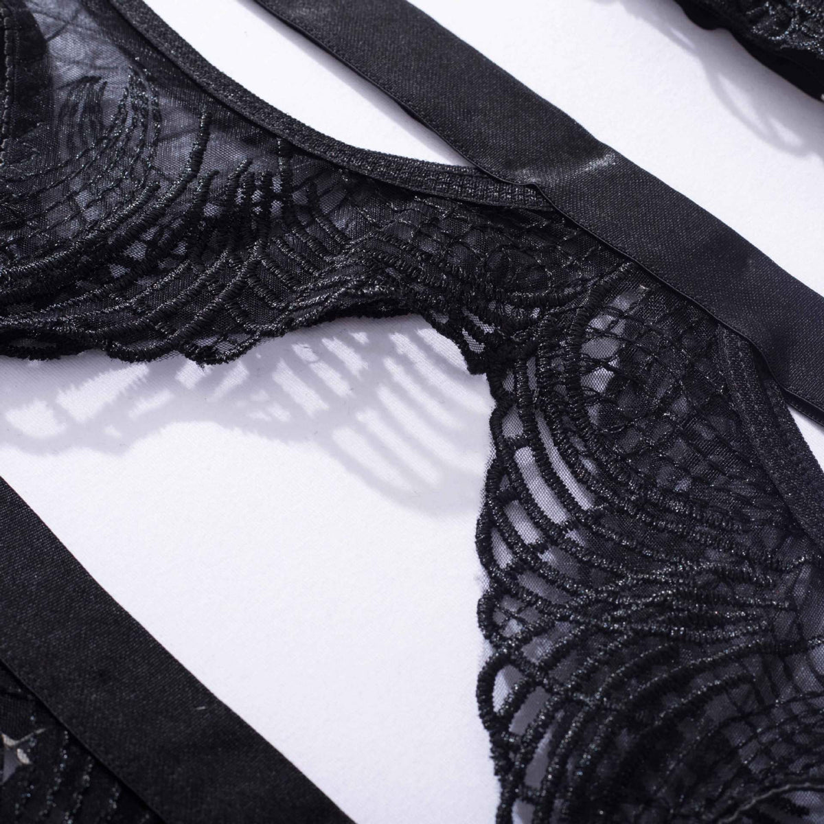 Sheer Lace Bra Thong Garter Set - Black - 10