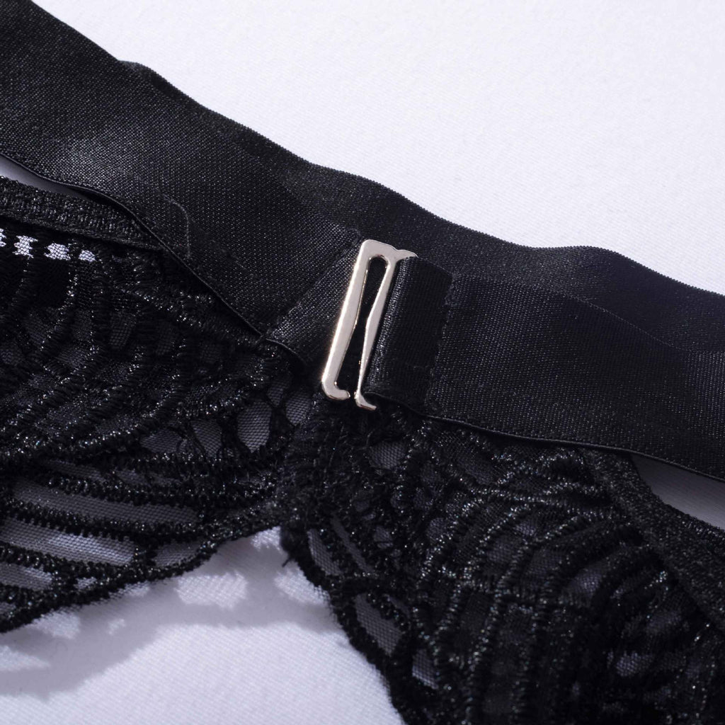 Sheer Lace Bra Thong Garter Set - Black - 11