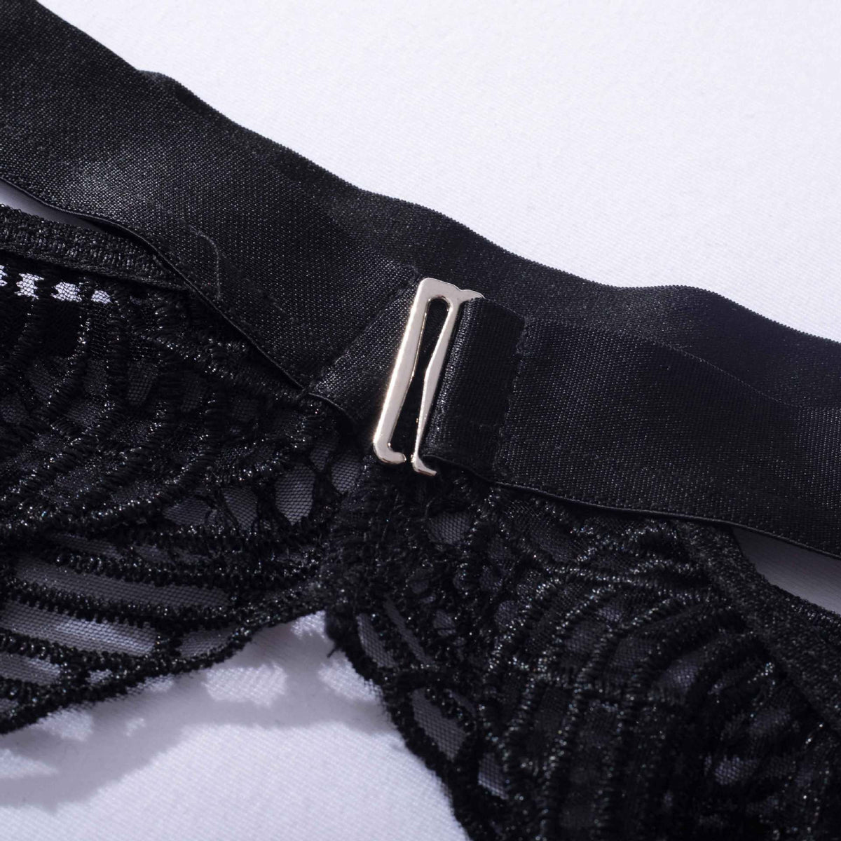 Sheer Lace Bra Thong Garter Set - Black - 11