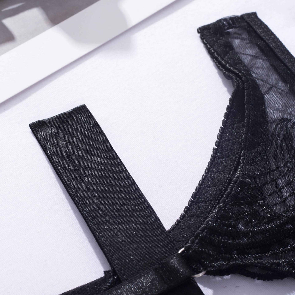 Sheer Lace Bra Thong Garter Set - Black - 13