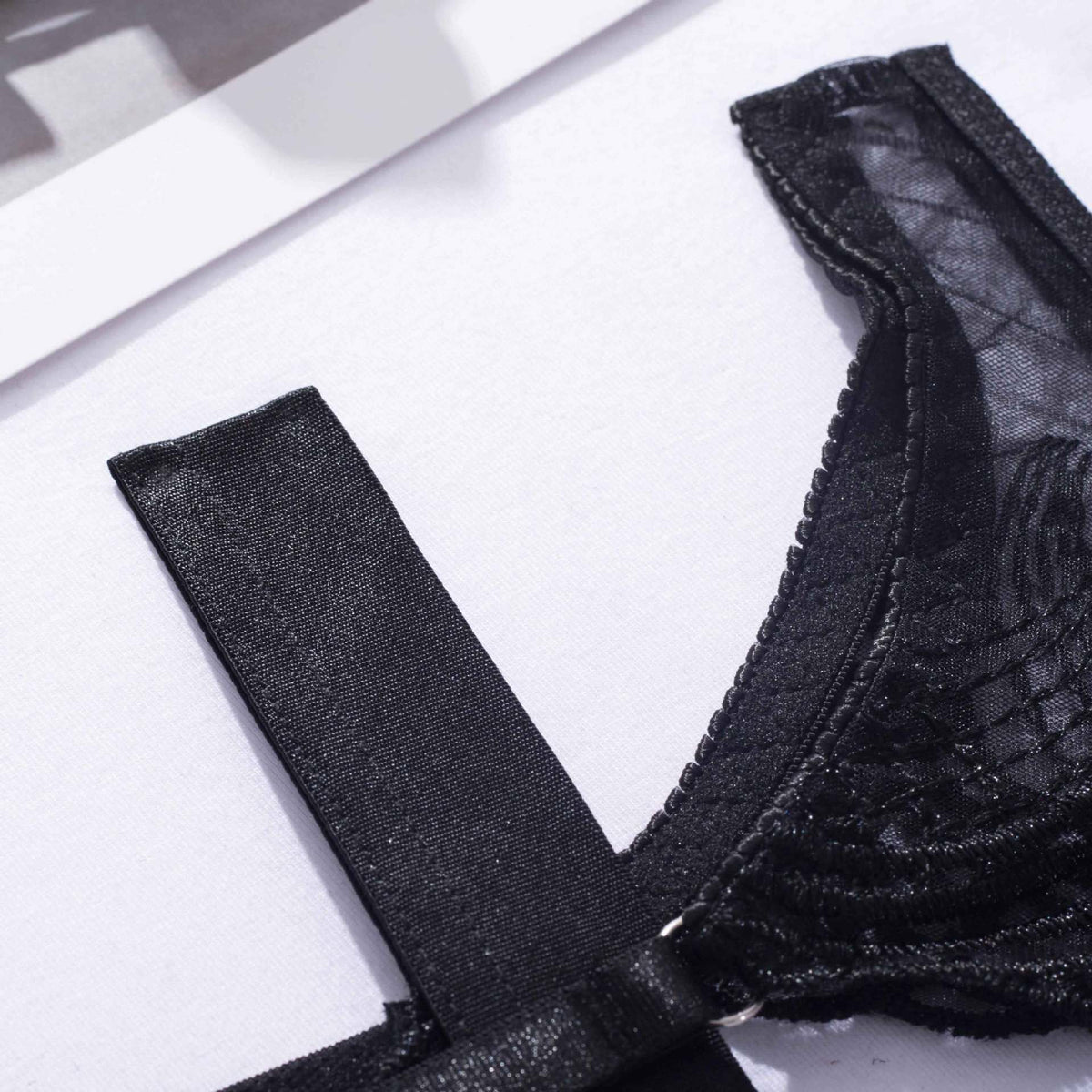 Sheer Lace Bra Thong Garter Set - Black - 13