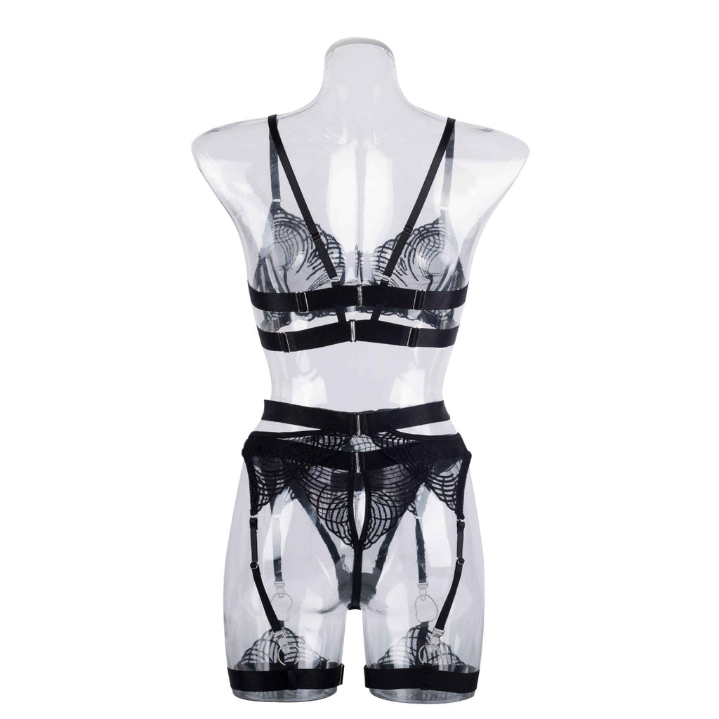 Sheer Lace Bra Thong Garter Set - Black - 3